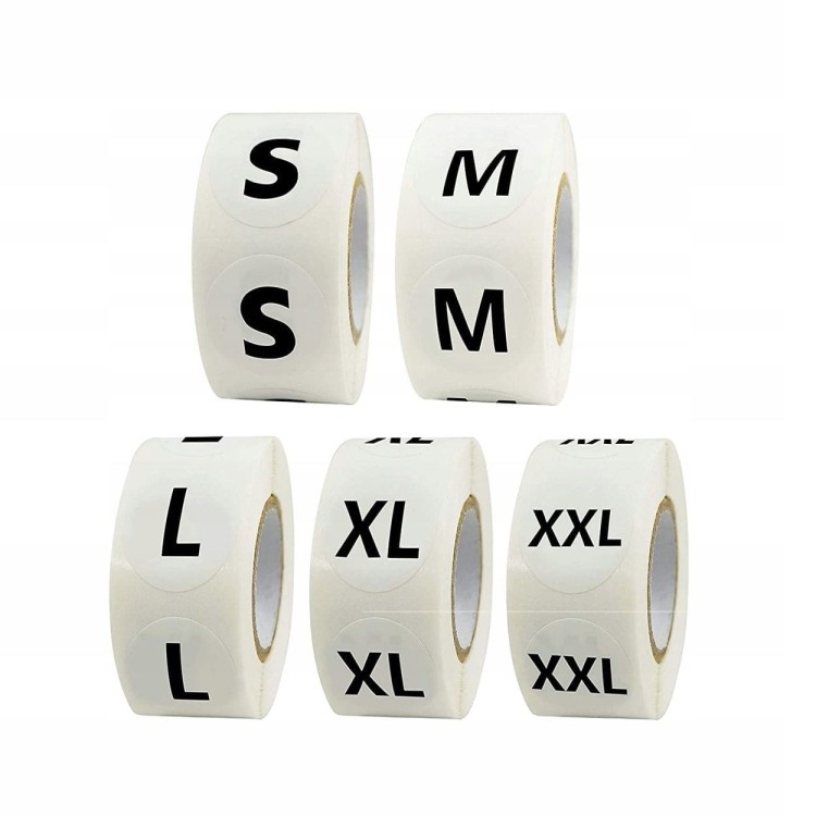 Naklejki Okrągłe Rolki Samoprzylepne Z Rozmiarami S-M-L-XL-XXL Po 3500szt.-1