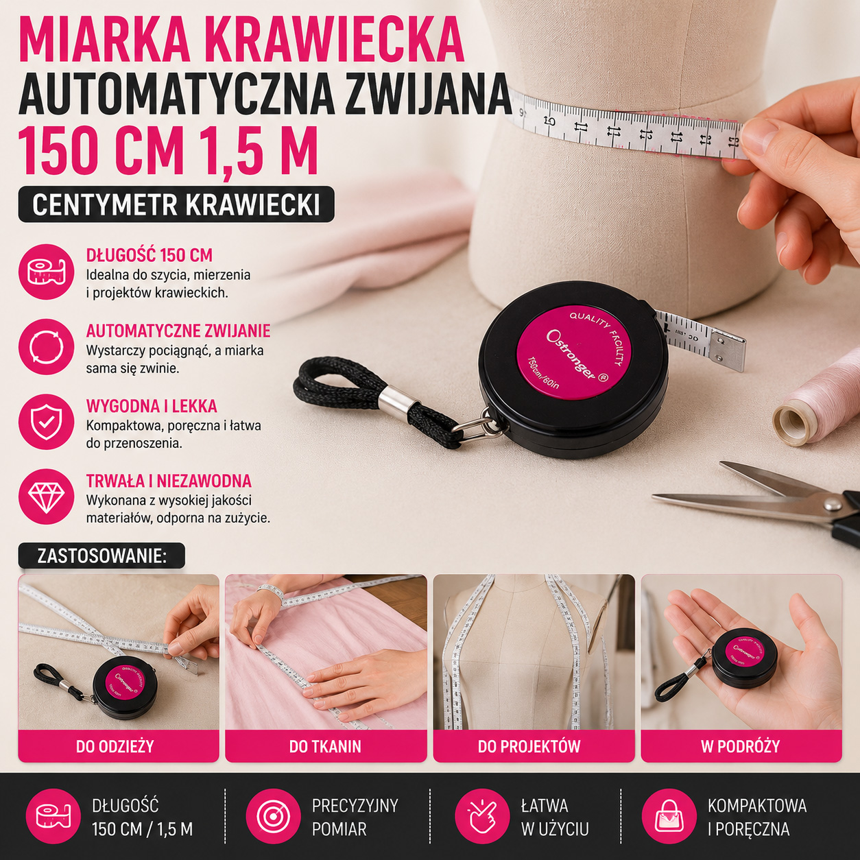 Miarka Krawiecka Automatyczna Zwijana 150 cm 1,5 m Centymetr Krawiecki