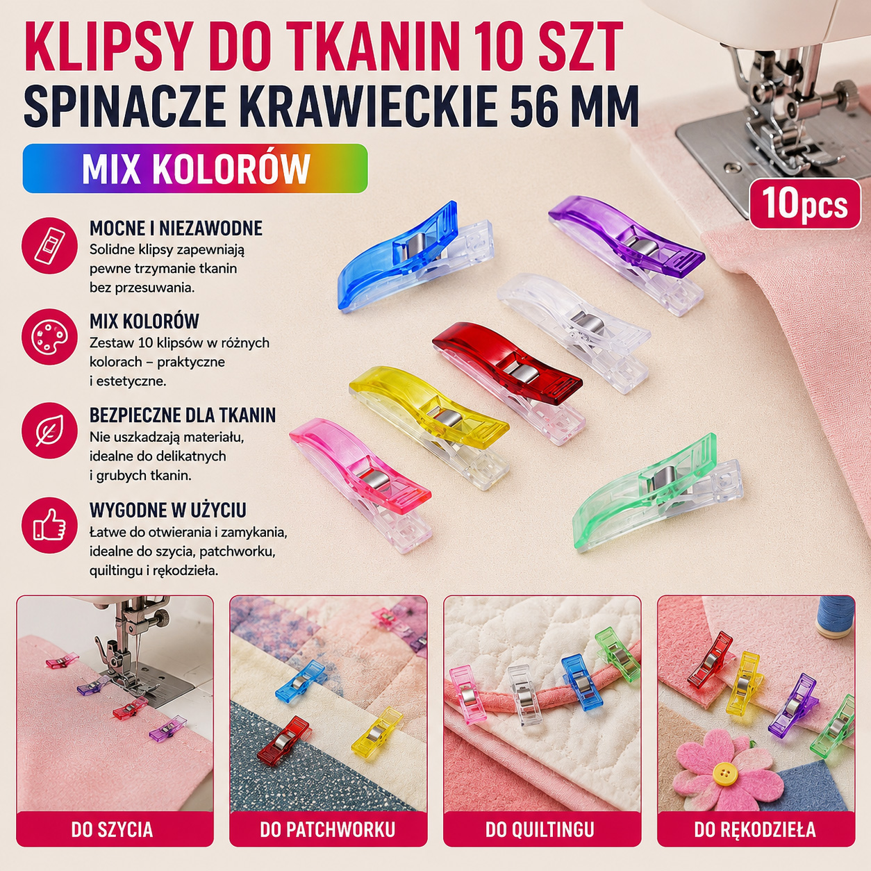 Klipsy Do Tkanin 10 szt Spinacze Krawieckie 56 mm Mix Kolorów