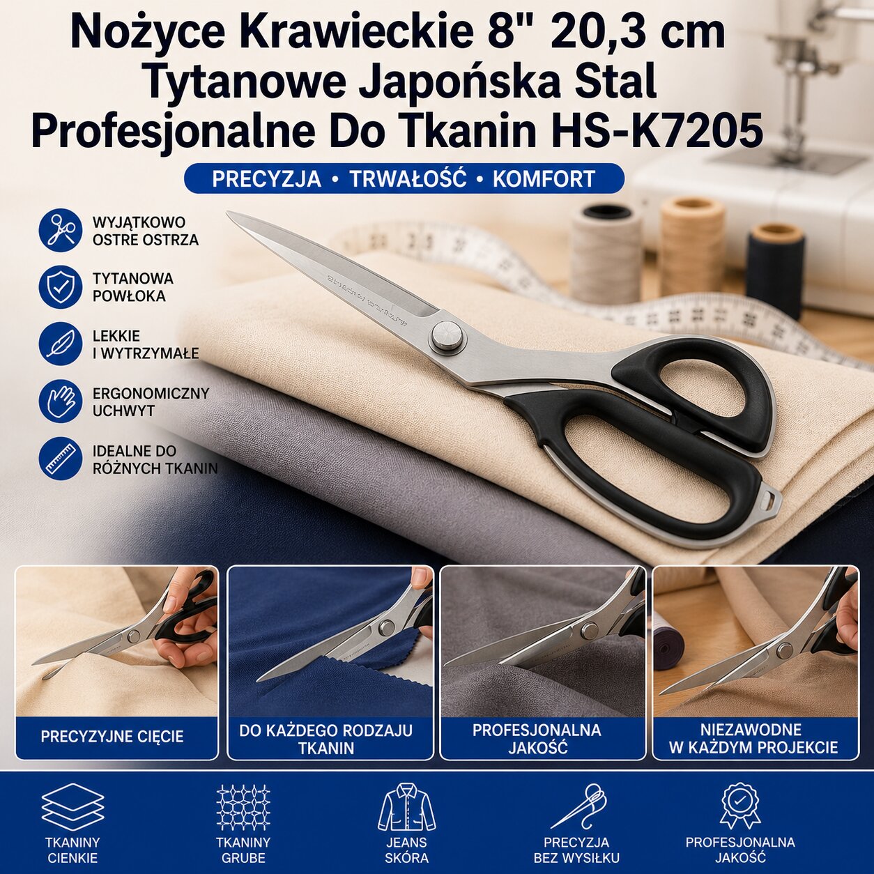 Nożyce Krawieckie 8" 20,3 cm Tytanowe Japońska Stal Profesjonalne Do Tkanin HS-K7205