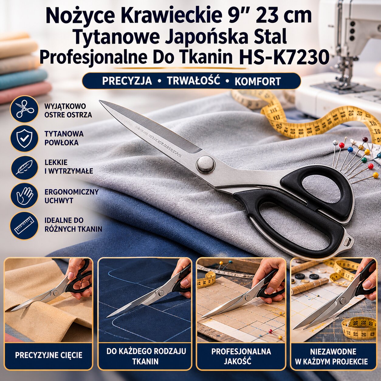Nożyce Krawieckie 9" 23 cm Tytanowe Japońska Stal Profesjonalne Do Tkanin HS-K7230