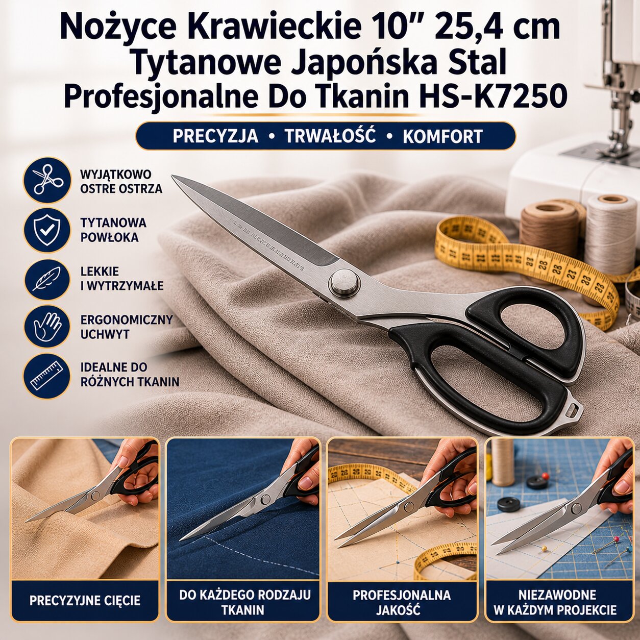 Nożyce Krawieckie 10" 25,4 cm Tytanowe Japońska Stal Profesjonalne Do Tkanin HS-K7250