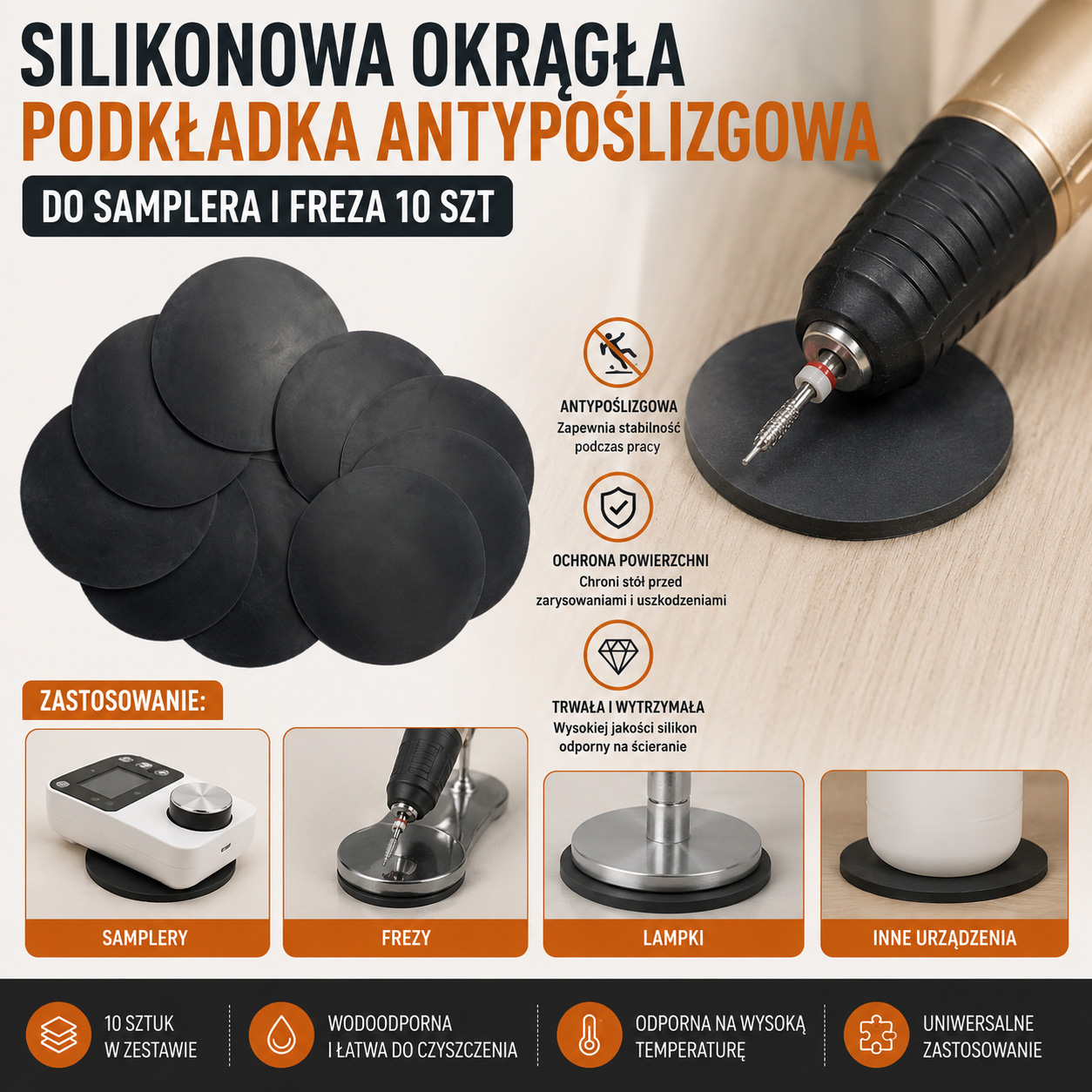 Silikonowa Okrągła Podkładka Antypoślizgowa Do Samplera i Freza 10 szt