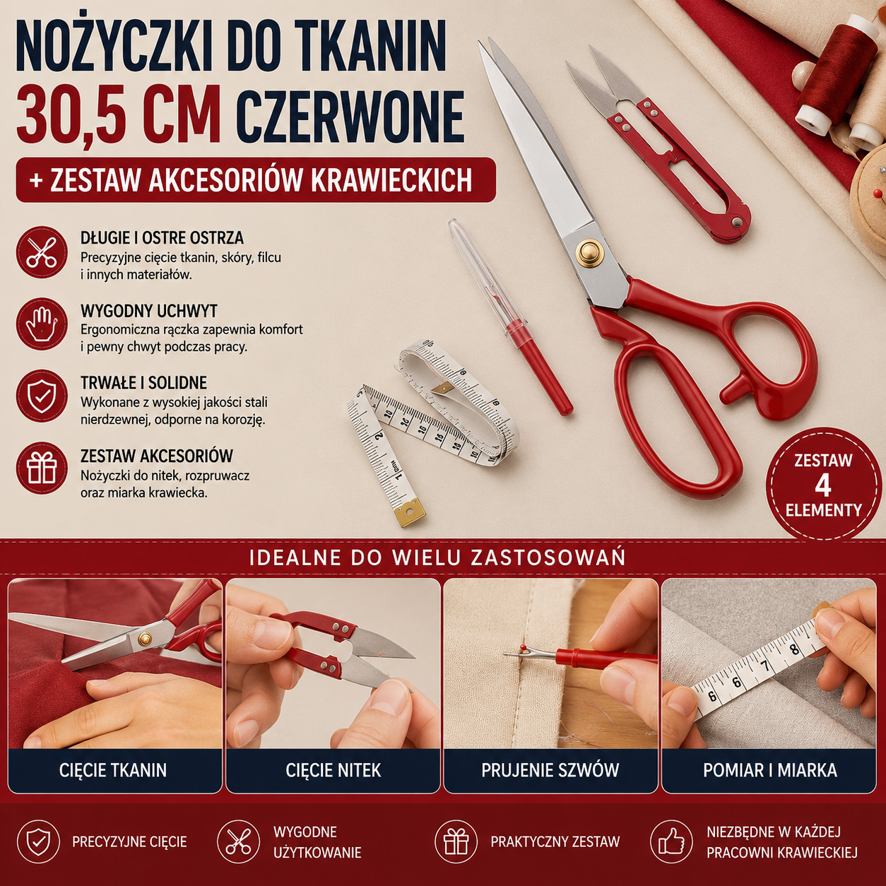 Nożyczki Do Tkanin 30,5 cm Czerwone + Zestaw Akcesoriów Krawieckich