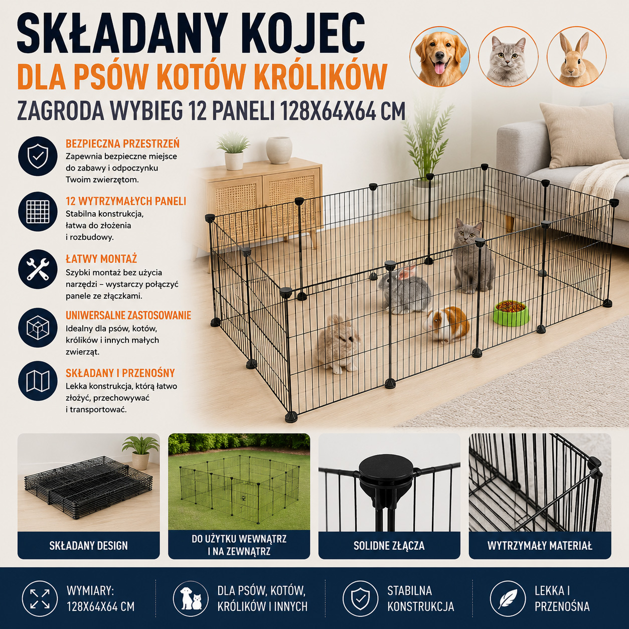 Składany Kojec Dla Psów Kotów Królików Zagroda Wybieg 12 Paneli 128x64x64 cm