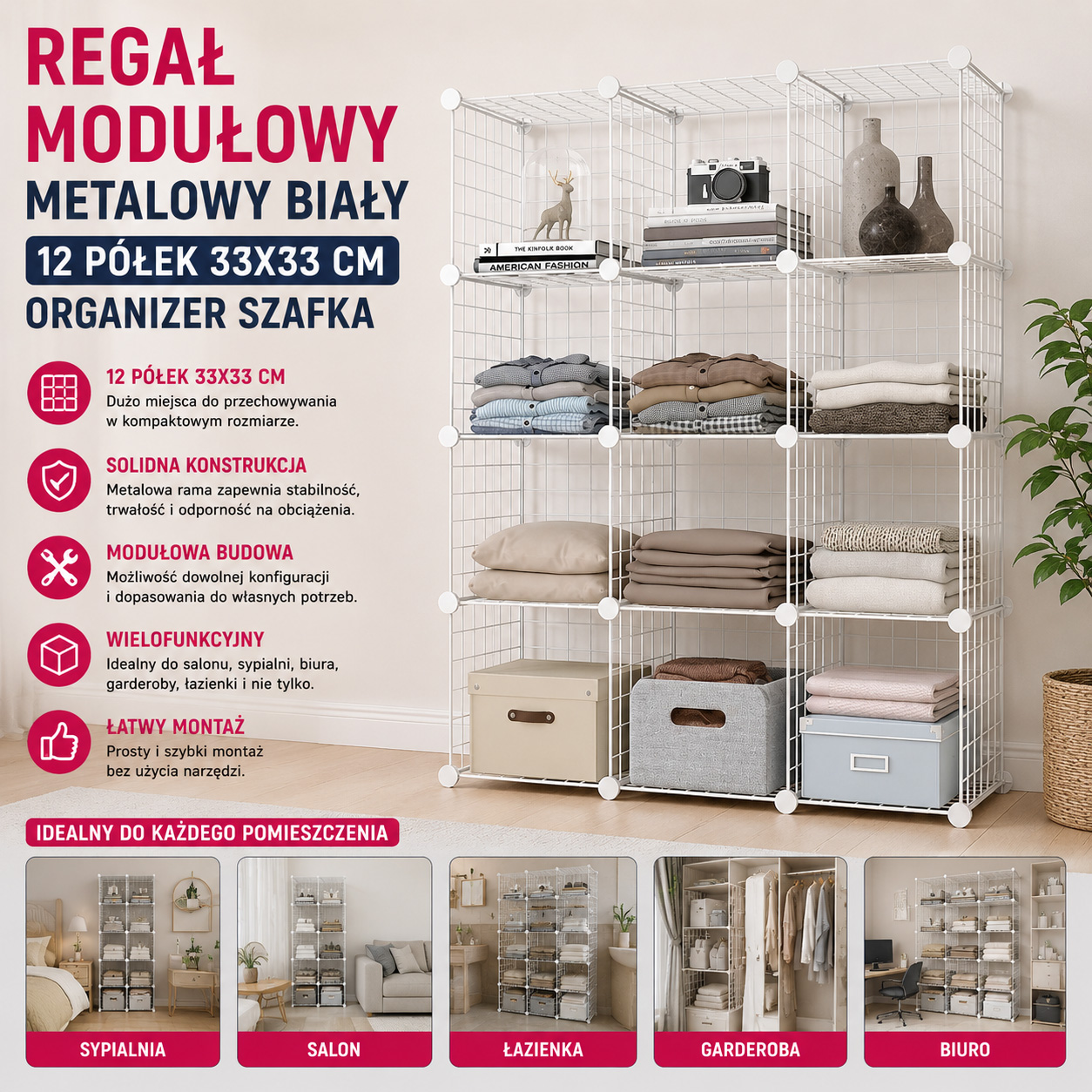 Regał Modułowy Metalowy Biały 12 Półek 33x33 cm Organizer Szafka