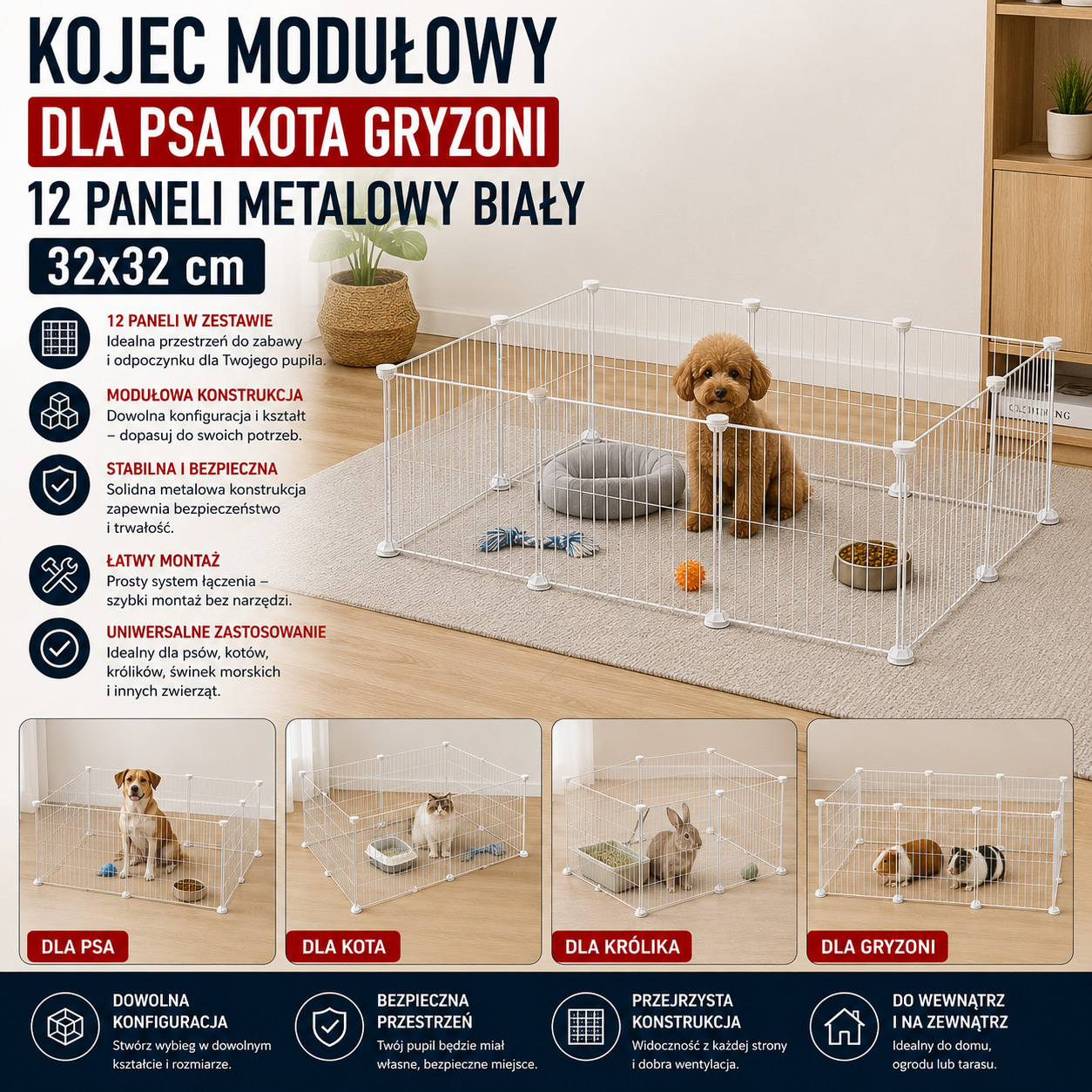 Kojec Modułowy Dla Psa Kota Gryzoni 12 Paneli Metalowy Biały 32x32 cm