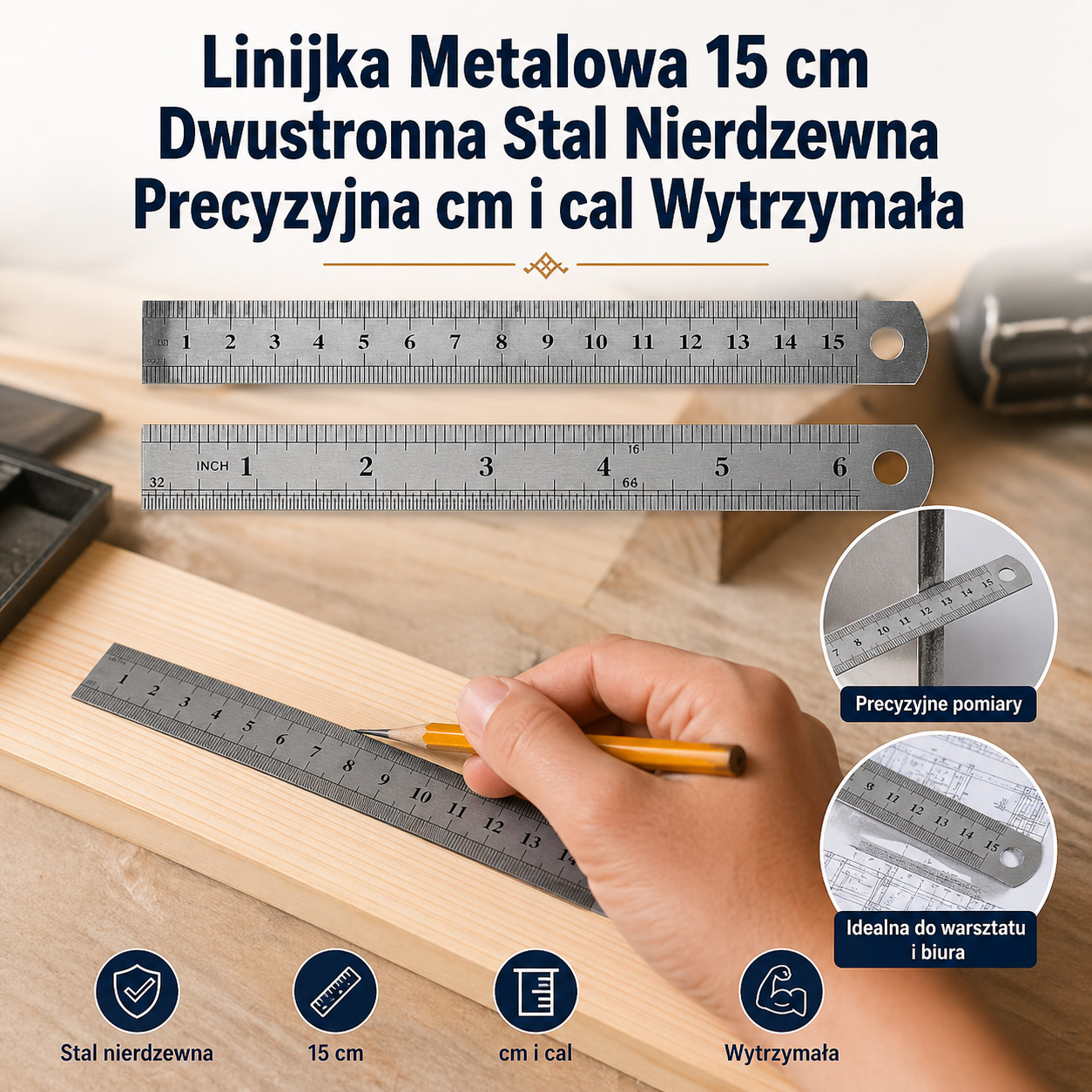 Linijka Metalowa 15 cm Dwustronna Stal Nierdzewna Precyzyjna cm i cal Wytrzymała