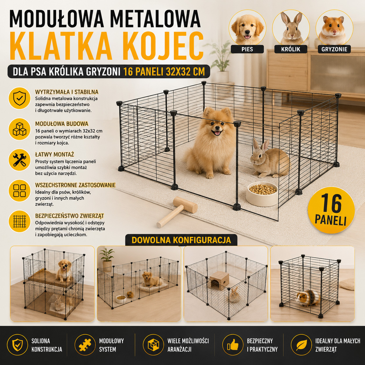 Modułowa Metalowa Klatka Kojec Dla Psa Królika Gryzoni 16 Paneli 32x32 cm