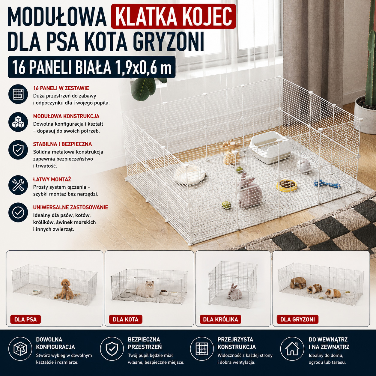Modułowa Klatka Kojec Dla Psa Kota Gryzoni 16 Paneli Biała 1,9x0,6 m