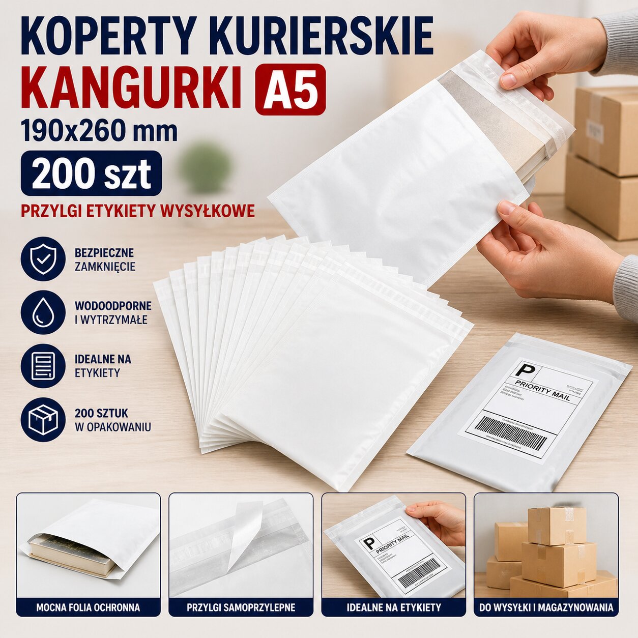 Koperty Kurierskie Kangurki A5 190x260 mm 200 szt Przylgi Etykiety Wysyłkowe