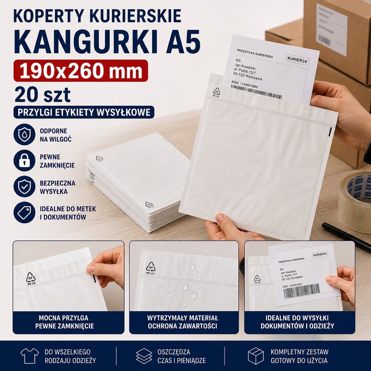 Koperty Kurierskie Kangurki A5 190x260 mm 20 szt Przylgi Etykiety Wysyłkowe