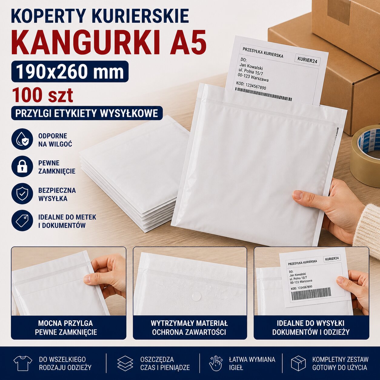 Koperty Kurierskie Kangurki A5 190x260 mm 100 szt Przylgi Etykiety Wysyłkowe
