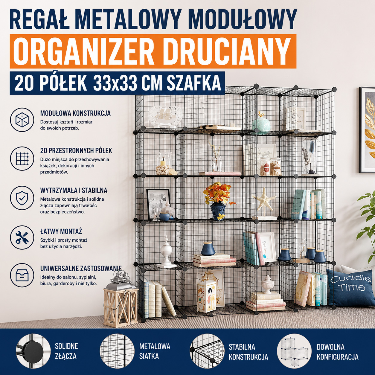 Regał Metalowy Modułowy Organizer Druciany 20 Półek 33x33 cm Szafka