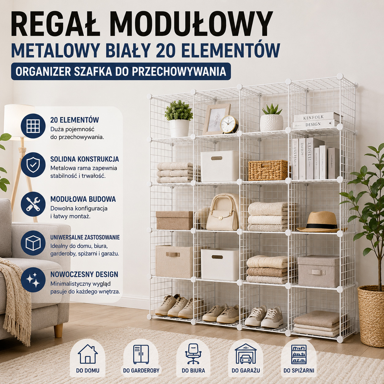 Regał Modułowy Metalowy Biały 20 Elementów Organizer Szafka Do Przechowywania