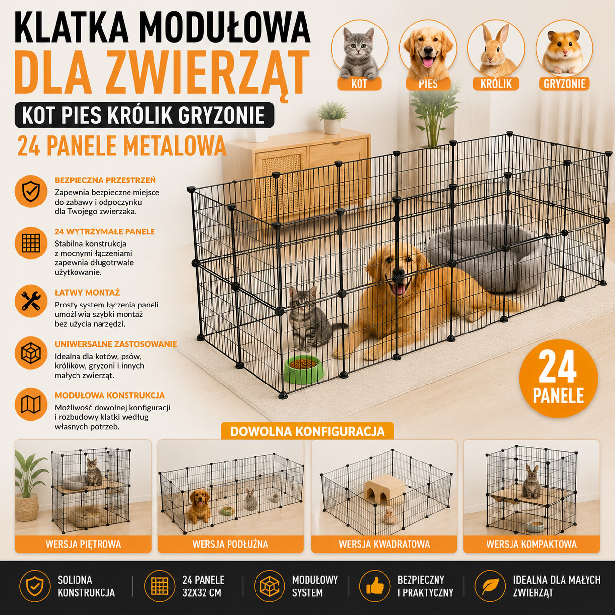 Klatka Modułowa Dla Zwierząt Kot Pies Królik Gryzonie 24 Panele Metalowa