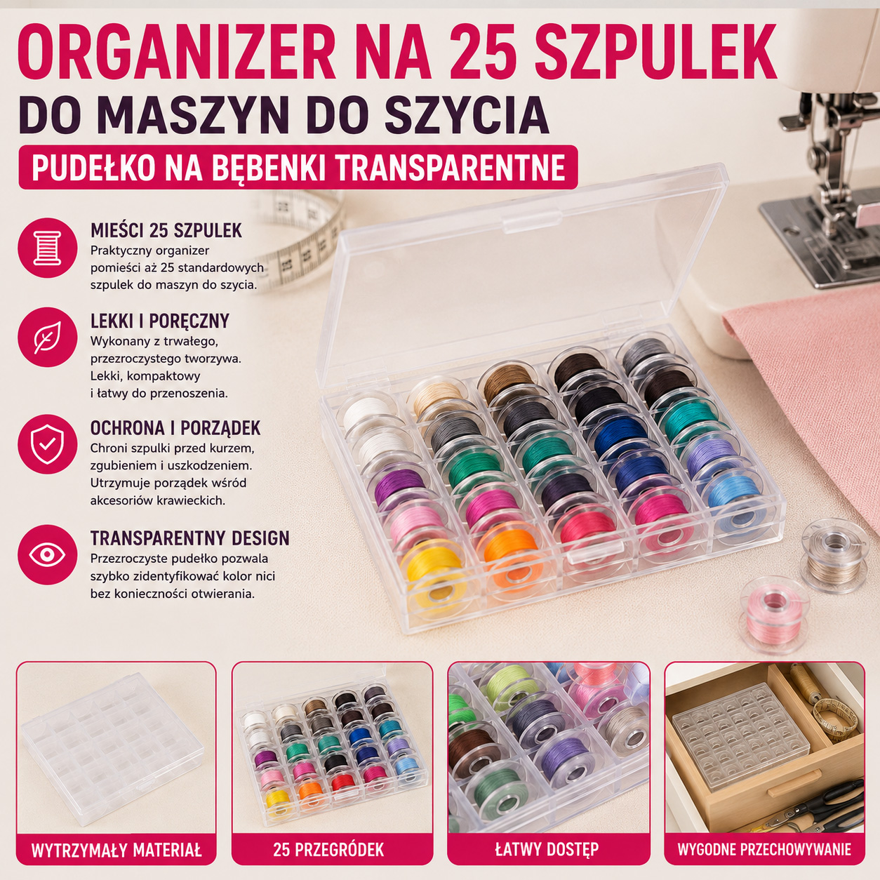 Organizer Na 25 Szpulek Do Maszyn Do Szycia Pudełko Na Bębenki Transparentne