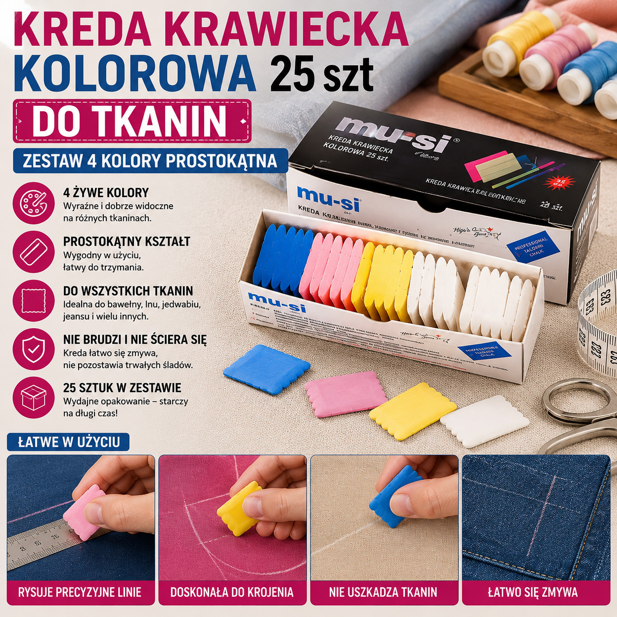 Kreda Krawiecka Kolorowa 25 szt Do Tkanin Zestaw 4 Kolory Prostokątna