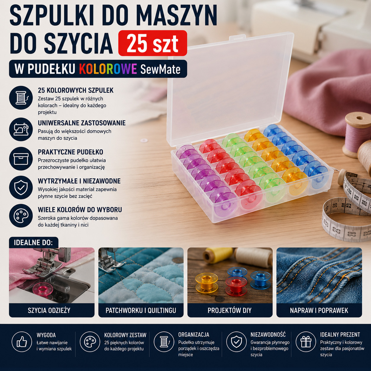 Szpulki Do Maszyn Do Szycia 25 szt W Pudełku Kolorowe SewMate