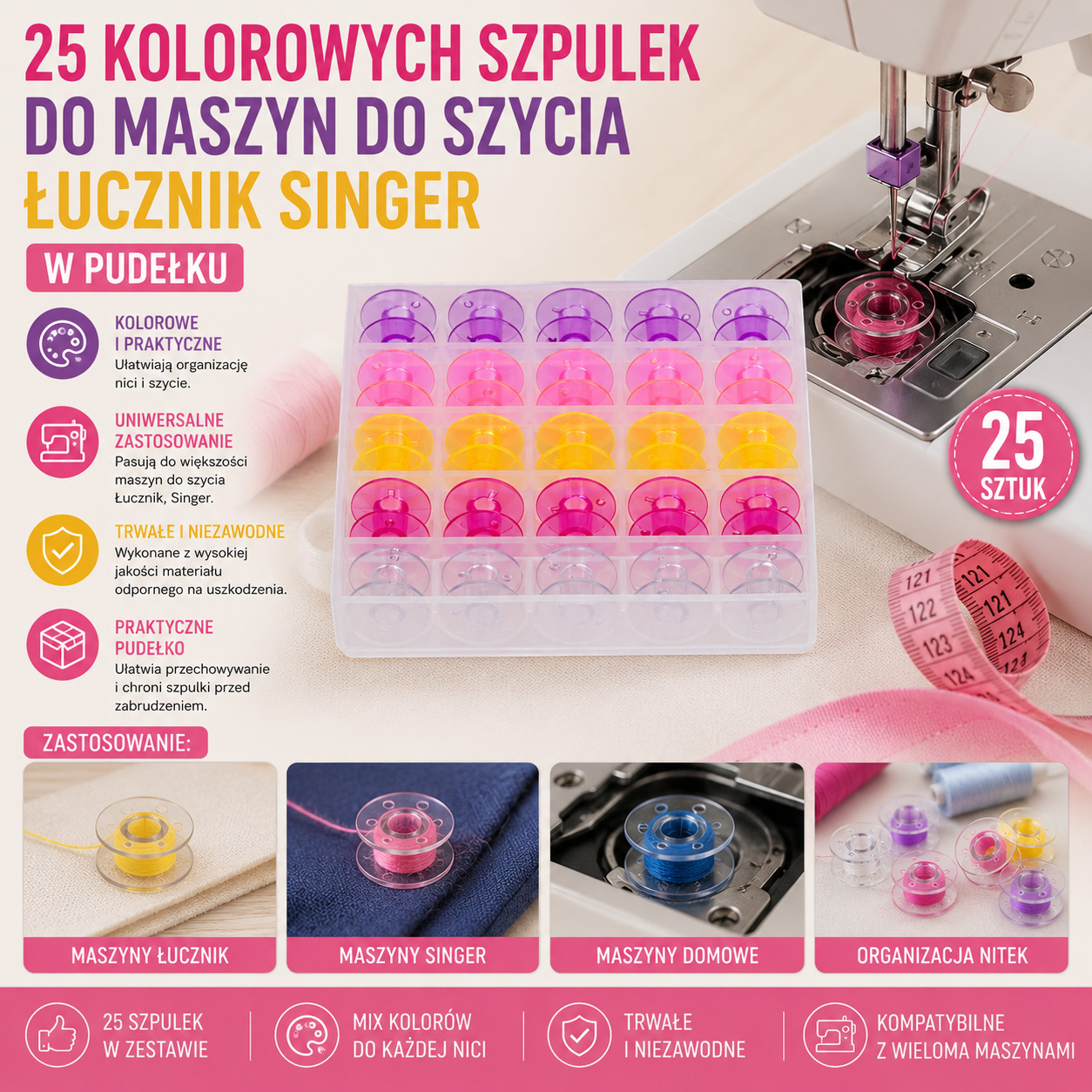 25 Kolorowych Szpulek Do Maszyn Do Szycia Łucznik Singer W Pudełku