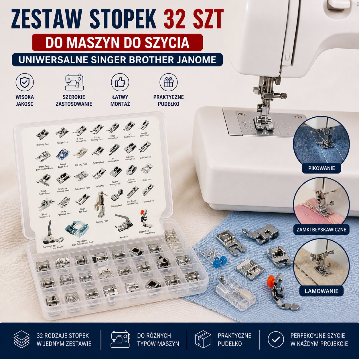 Zestaw Stopek 32 szt Do Maszyn Do Szycia Uniwersalne Singer Brother Janome
