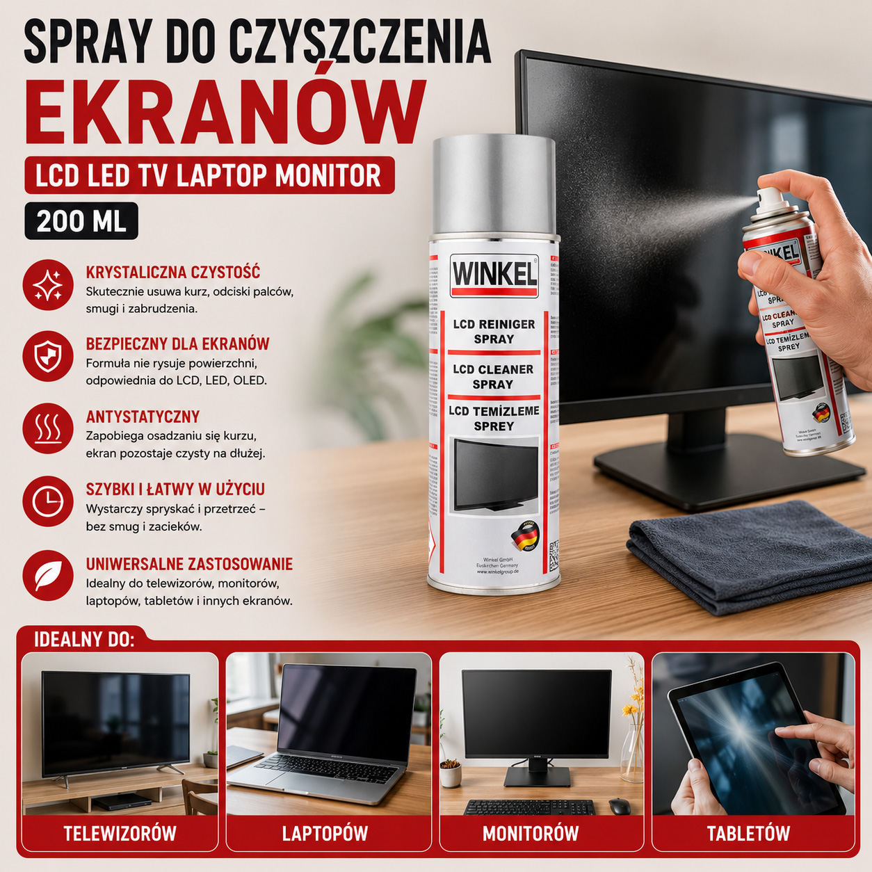 Spray Do Czyszczenia Ekranów LCD LED TV Laptop Monitor 200 ml