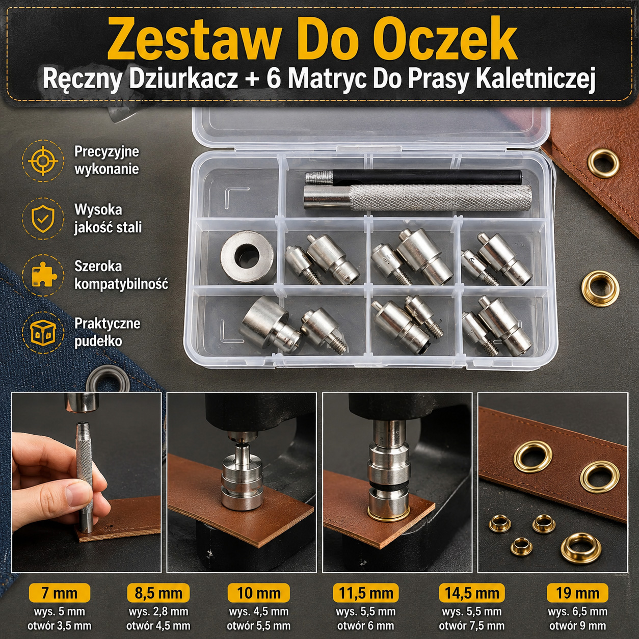 Zestaw Do Oczek Ręczny Dziurkacz + 6 Matryc Do Prasy Kaletniczej