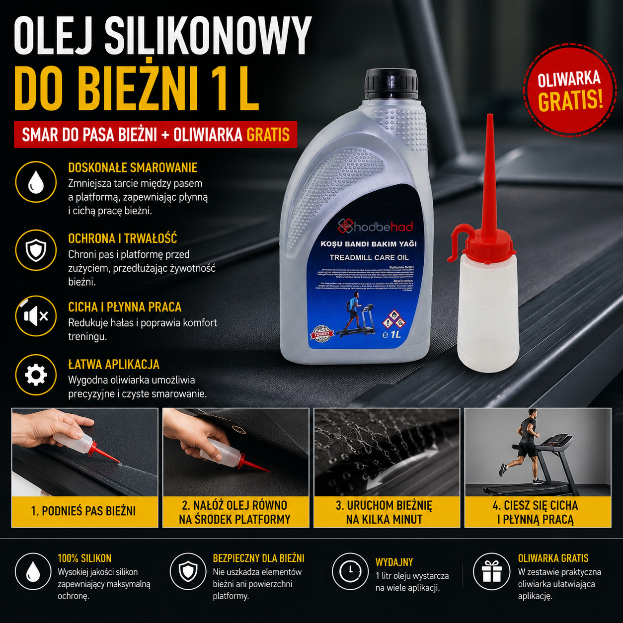 Olej Silikonowy Do Bieżni 1 L Smar Do Pasa Bieżni + Oliwiarka GRATIS