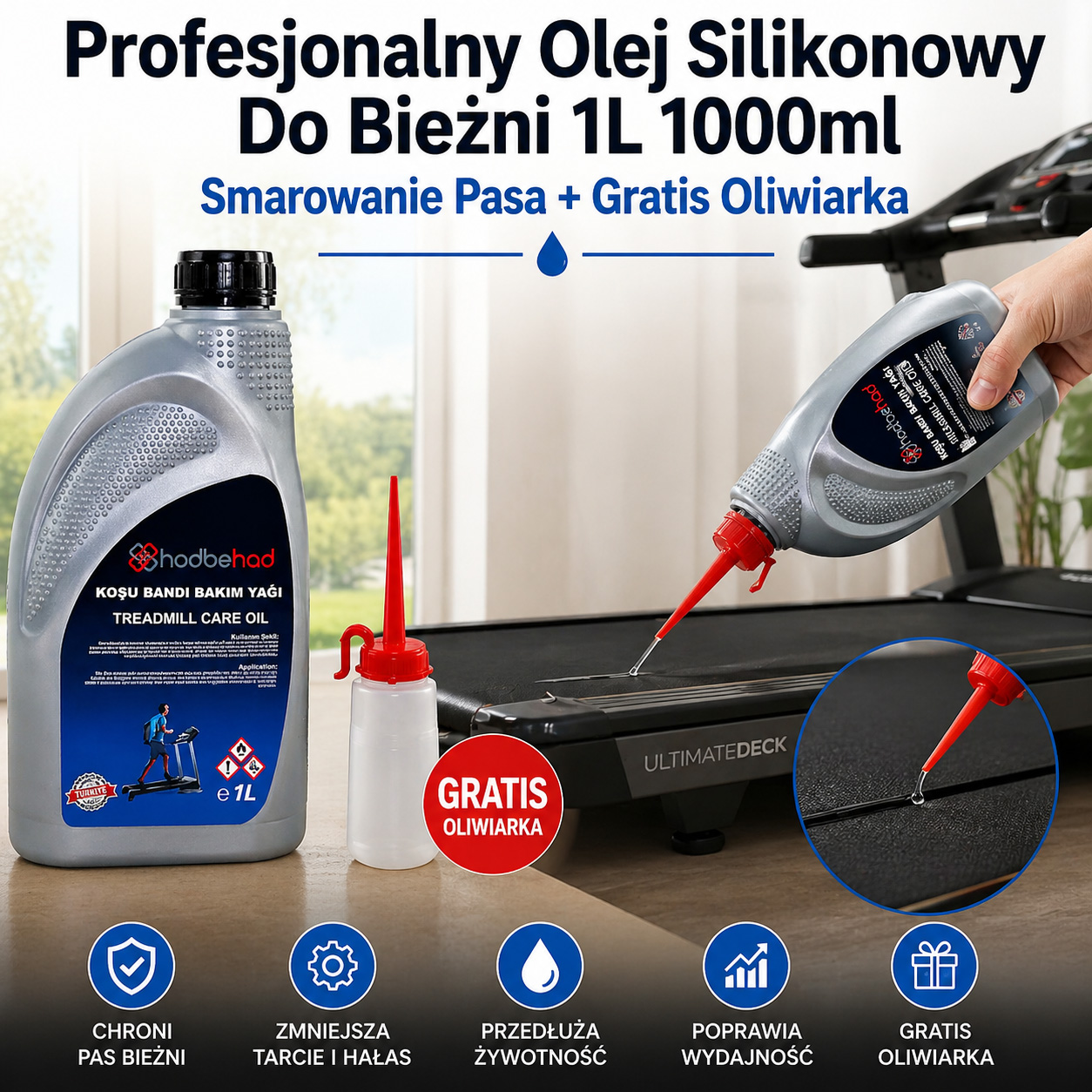 Profesjonalny Olej Silikonowy Do Bieżni 1L 1000ml Smarowanie Pasa + Gratis Oliwiarka