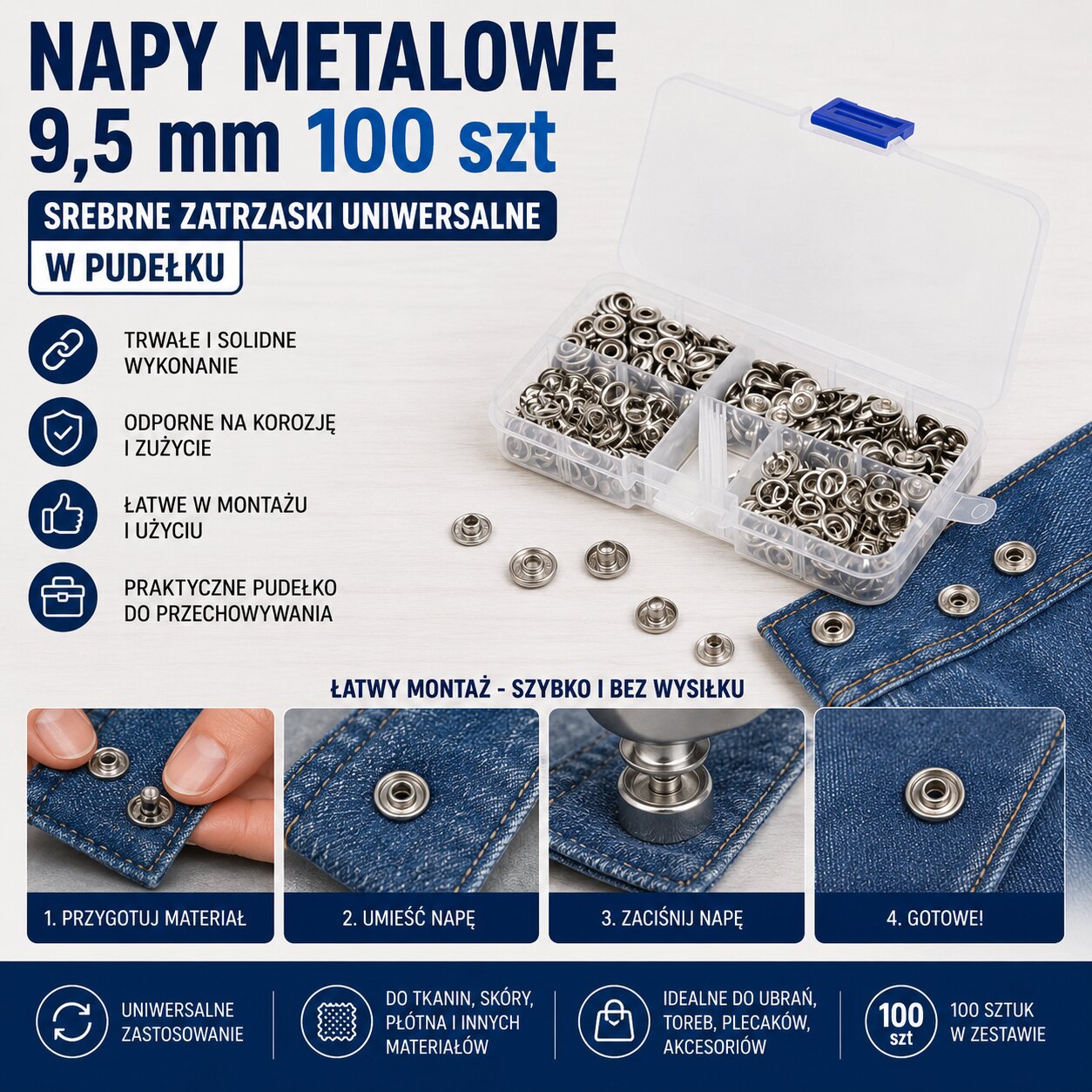 Napy Metalowe 9,5 mm 100 szt Srebrne Zatrzaski Uniwersalne W Pudełku