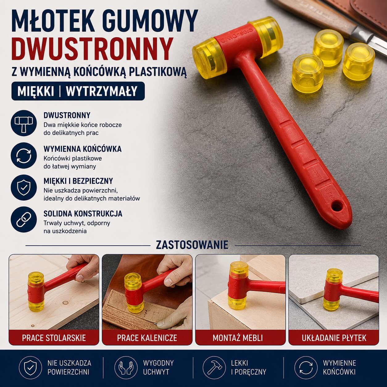 Młotek Gumowy Dwustronny z Wymienną Końcówką Plastikową Miękki Wytrzymały