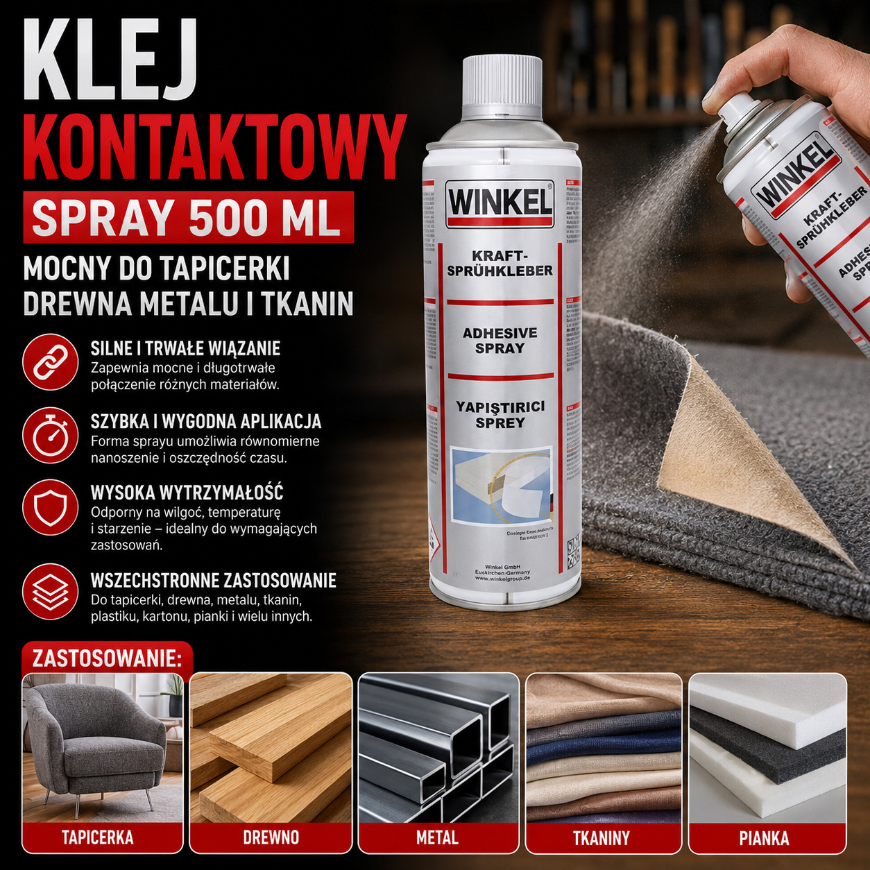Klej Kontaktowy Spray 500 ml Mocny Do Tapicerki Drewna Metalu i Tkanin