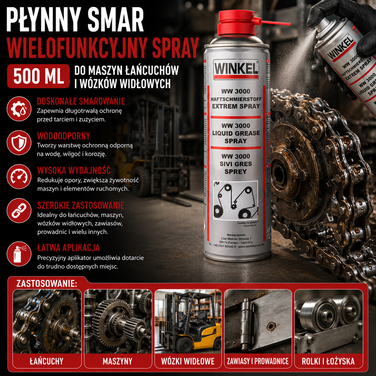 Płynny Smar Wielofunkcyjny Spray 500 ml Do Maszyn Łańcuchów i Wózków Widłowych