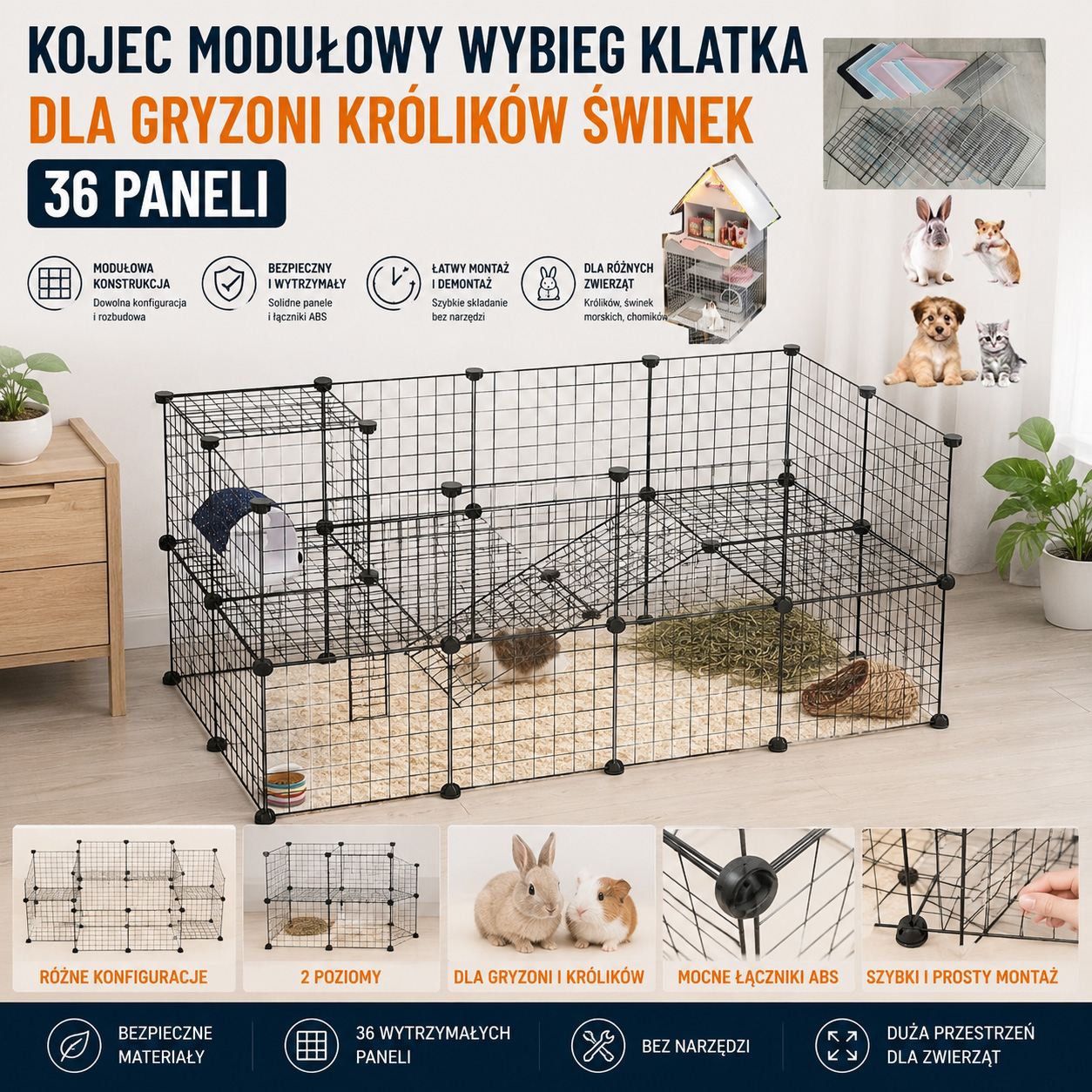 Kojec Modułowy Wybieg Klatka Dla Gryzoni Królików Świnek 36 Paneli
