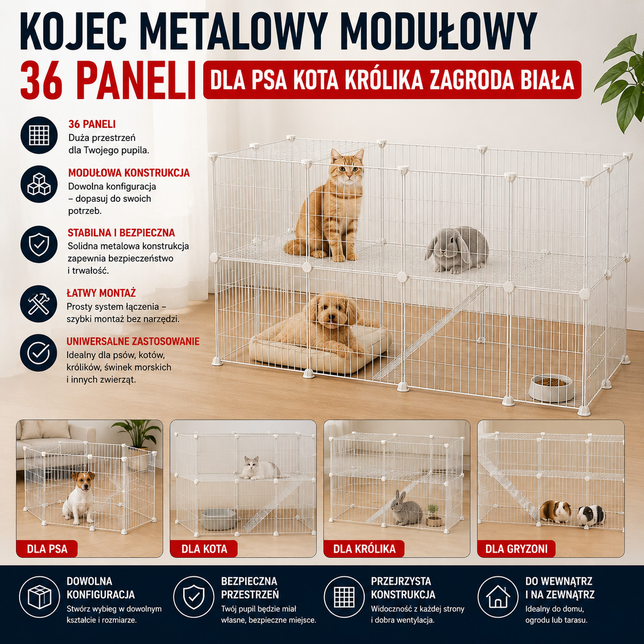 Kojec Metalowy Modułowy 36 Paneli Dla Psa Kota Królika Zagroda Biała