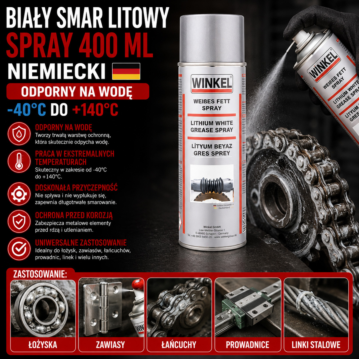 Biały Smar Litowy Spray 400 ml Niemiecki Odporny Na Wodę -40°C Do +140°C