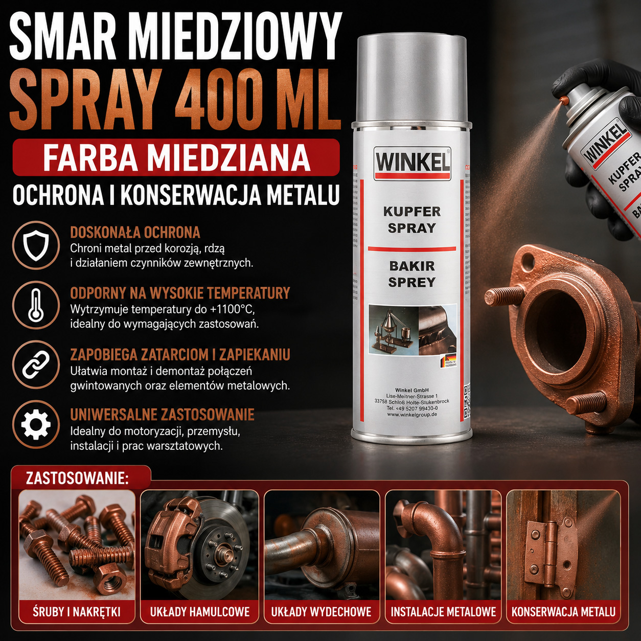 Smar Miedziowy Spray 400 ml Farba Miedziana Ochrona i Konserwacja Metalu