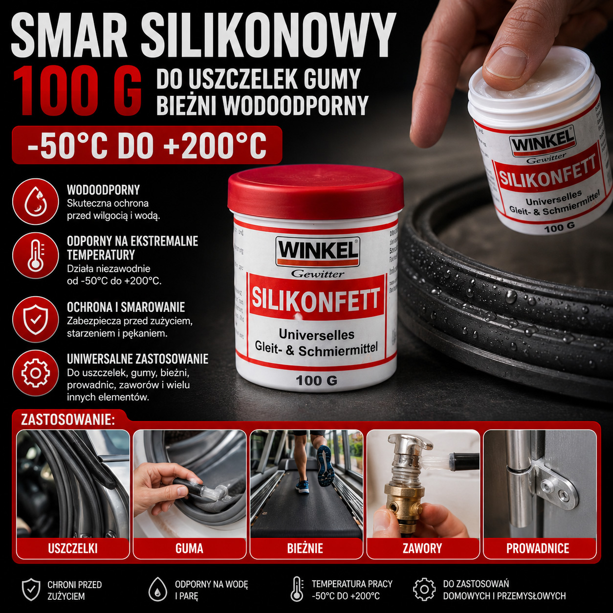 Smar Silikonowy 100 g Do Uszczelek Gumy Bieżni Wodoodporny -50°C Do +200°C