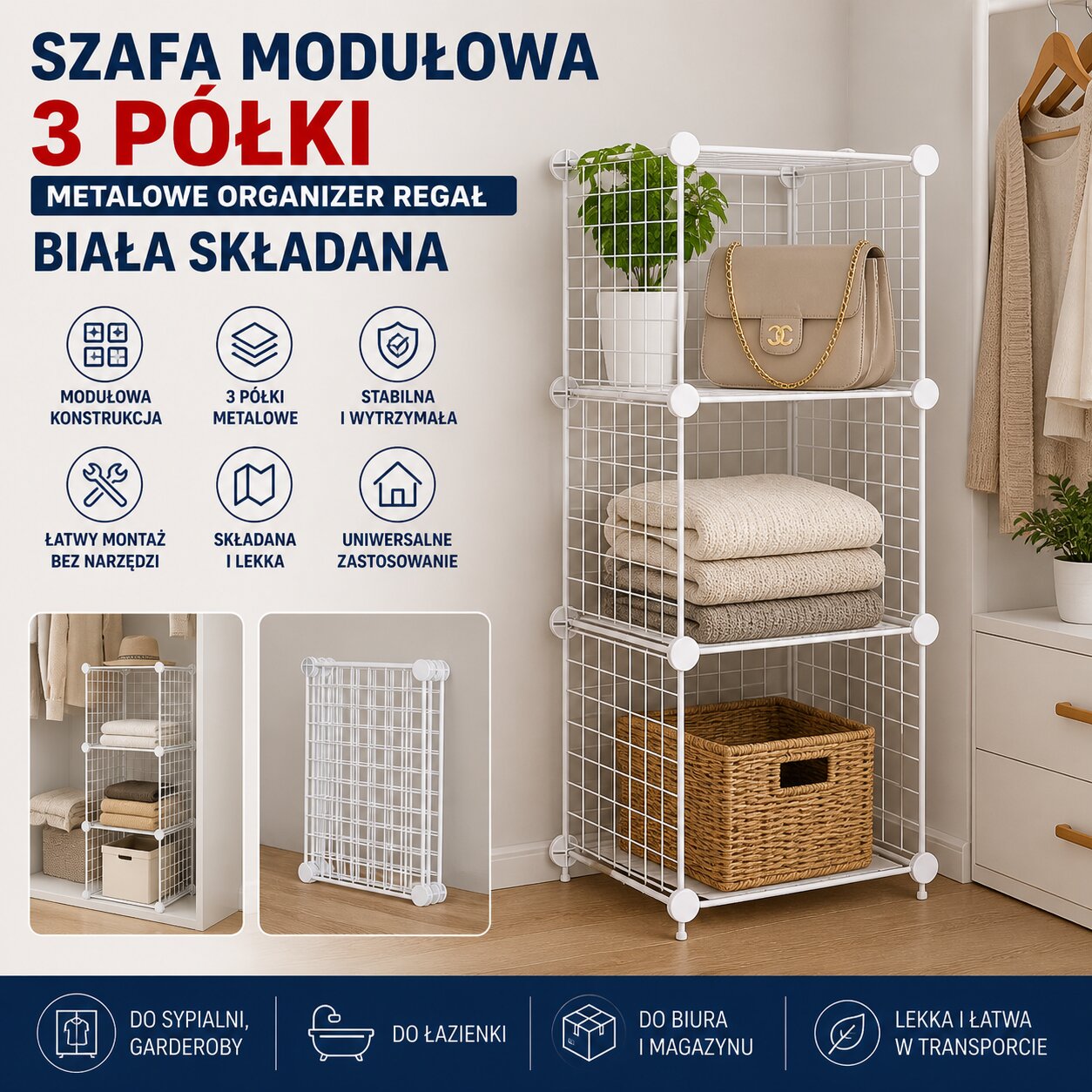 Szafa Modułowa 3 Półki Metalowe Organizer Regał Biała Składana