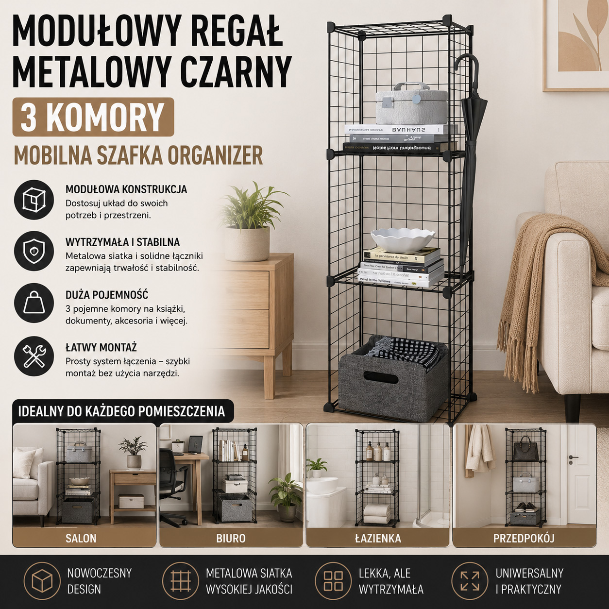 Modułowy Regał Metalowy Czarny 3 Komory Mobilna Szafka Organizer