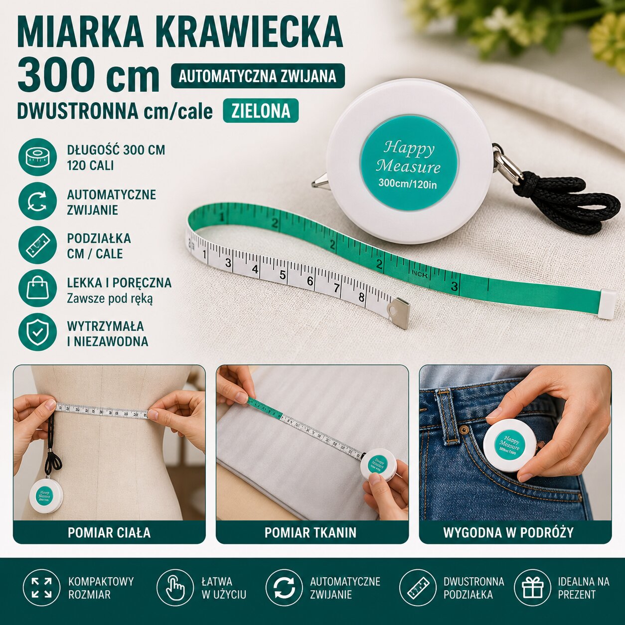 Miarka Krawiecka 300 cm Automatyczna Zwijana Dwustronna cm/cale Zielona