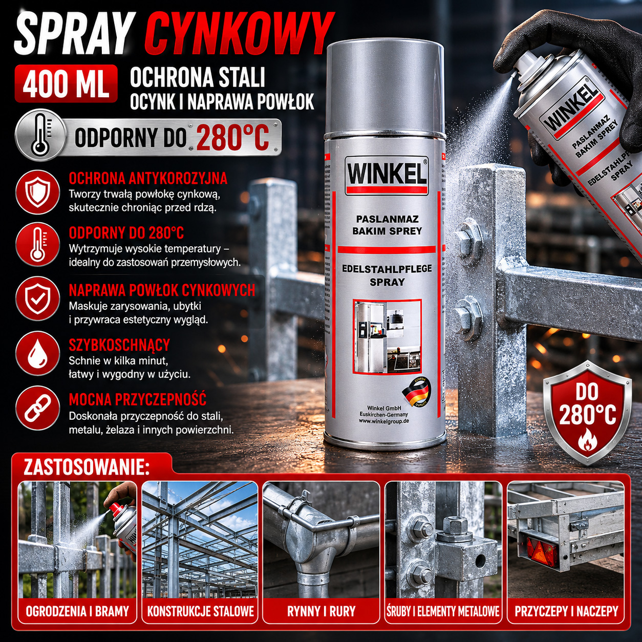 Spray Cynkowy 400 ml Ochrona Stali Ocynk Naprawa Powłok Do 280°C