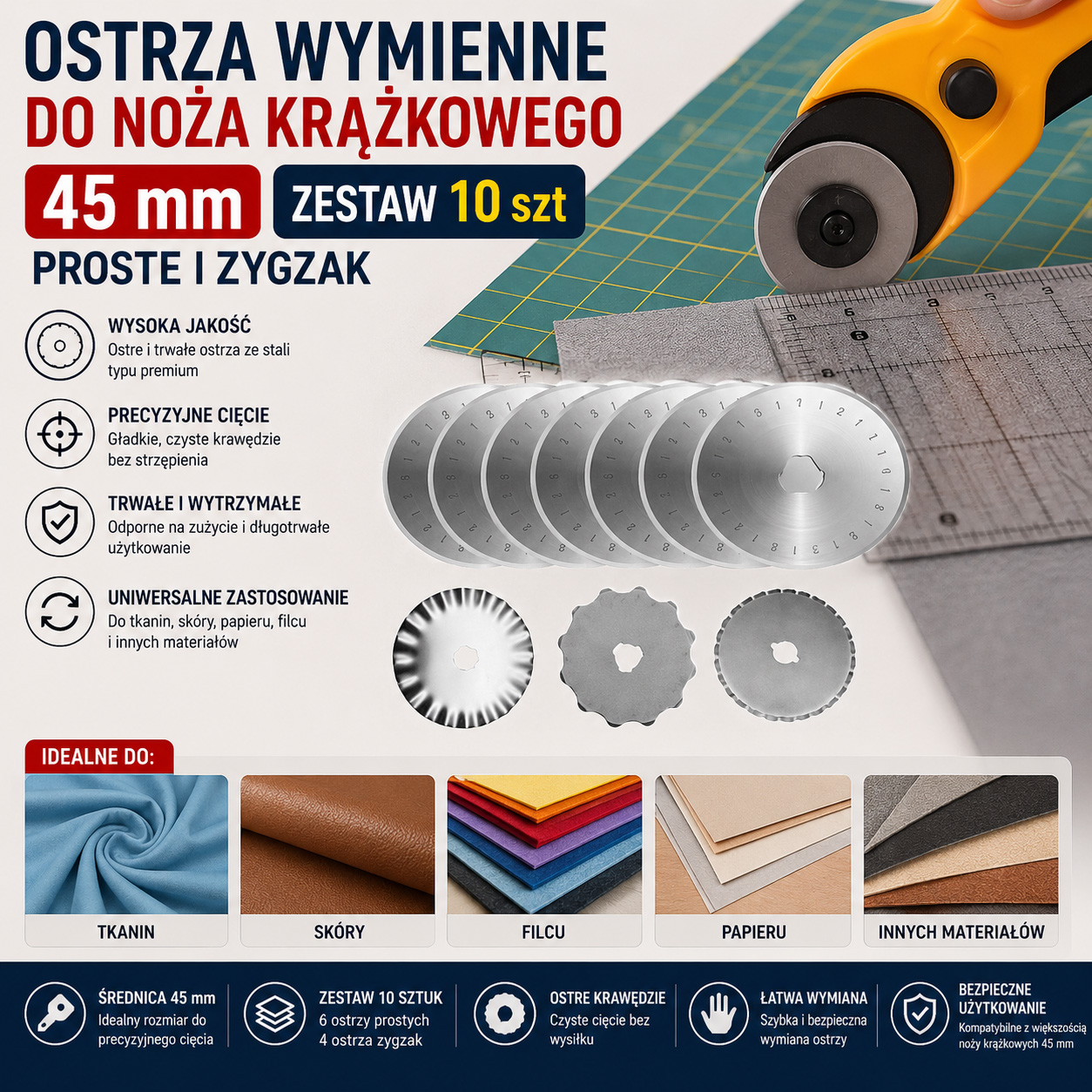 Ostrza Wymienne Do Noża Krążkowego 45 mm Zestaw 10 szt Proste i Zygzak
