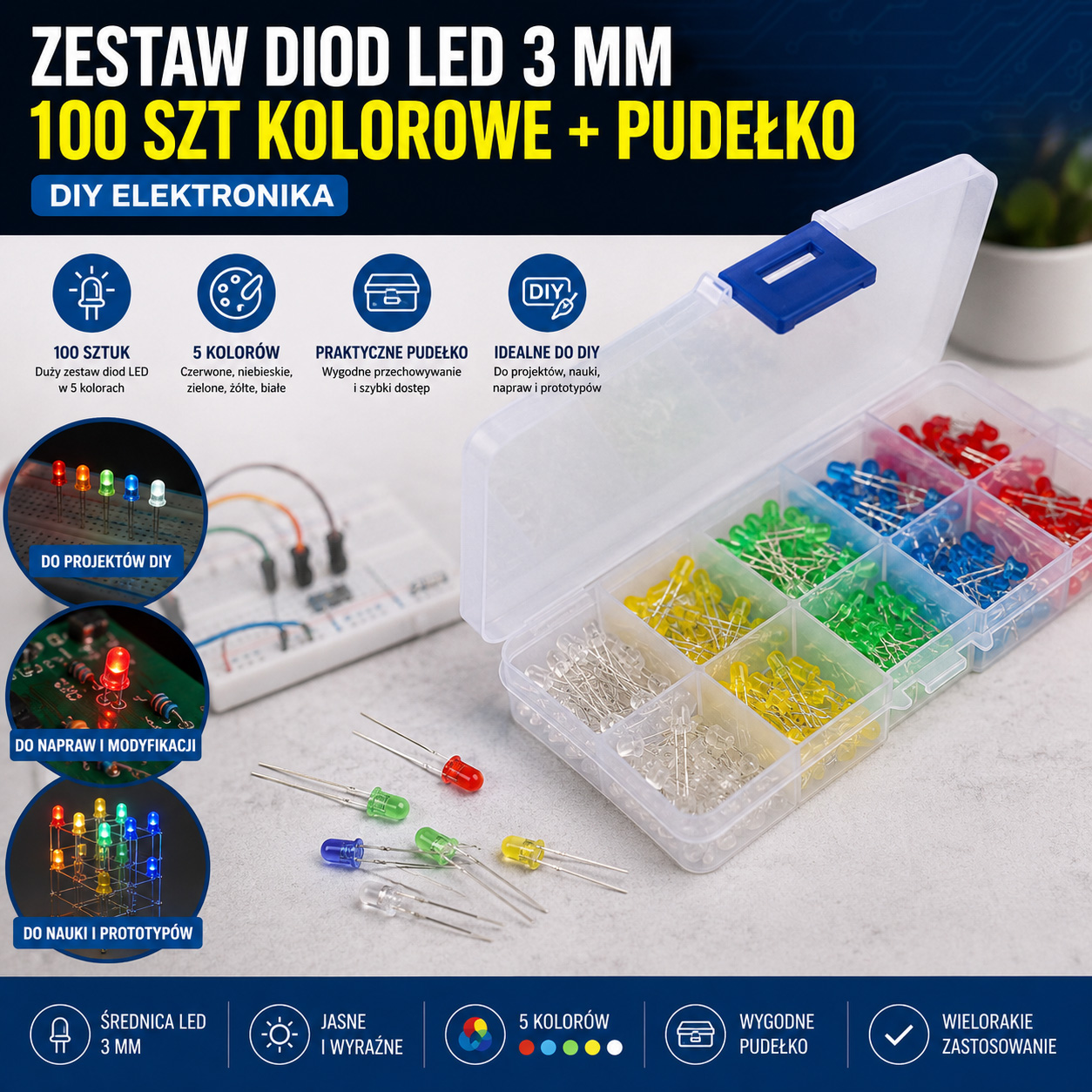 Zestaw Diod LED 3 mm 100 szt Kolorowe + Pudełko DIY Elektronika