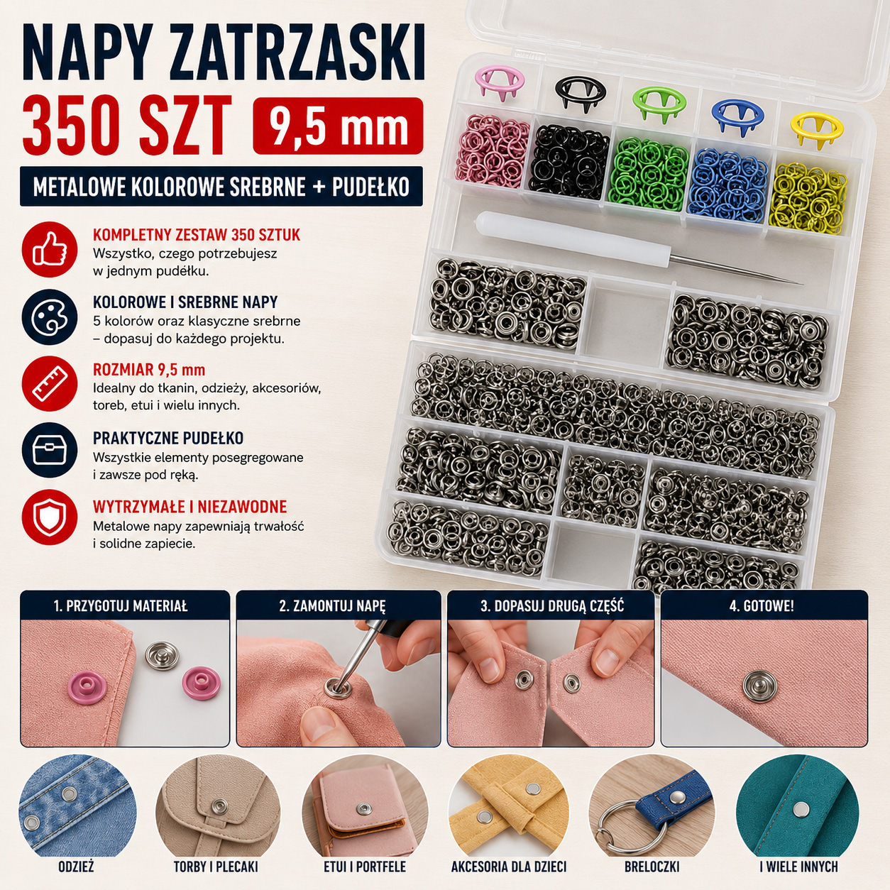 Napy Zatrzaski 350 szt 9,5 mm Metalowe Kolorowe Srebrne + Pudełko