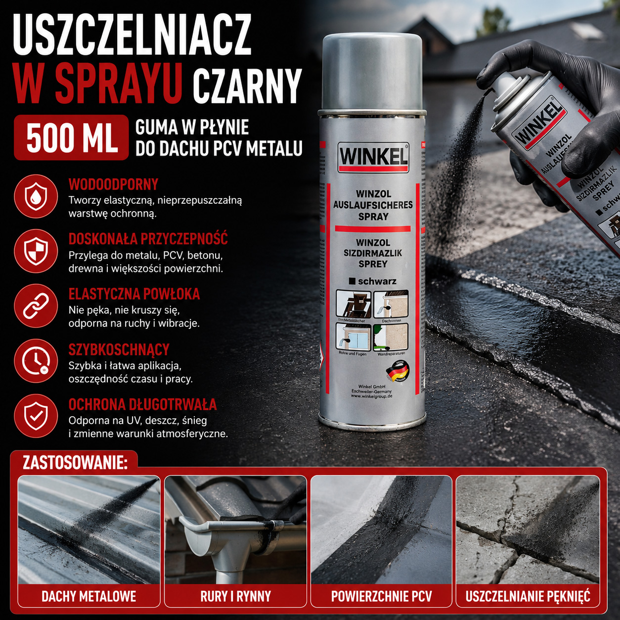 Uszczelniacz W Sprayu Czarny 500 ml Guma W Płynie Do Dachu PCV Metalu