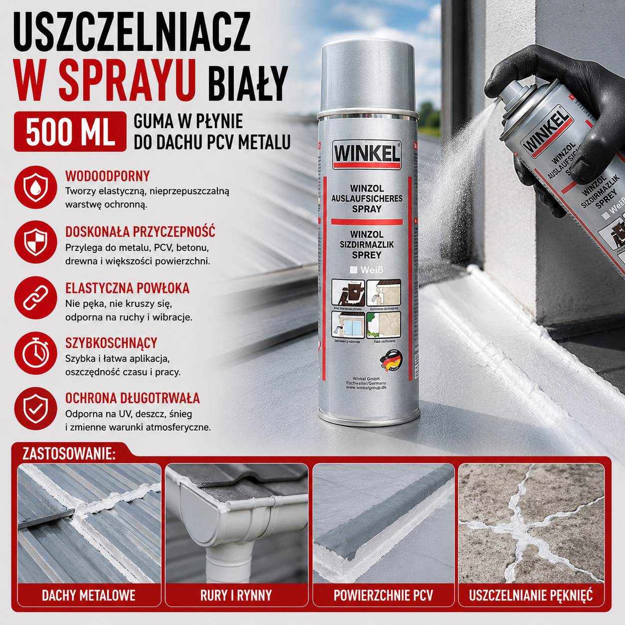 Uszczelniacz W Sprayu Biały 500 ml Guma W Płynie Do Dachu PCV Metalu