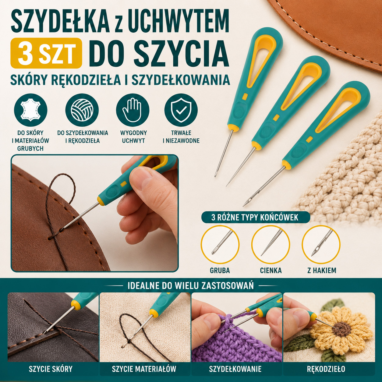 Szydełka z Uchwytem 3 szt Do Szycia Skóry Rękodzieła i Szydełkowania