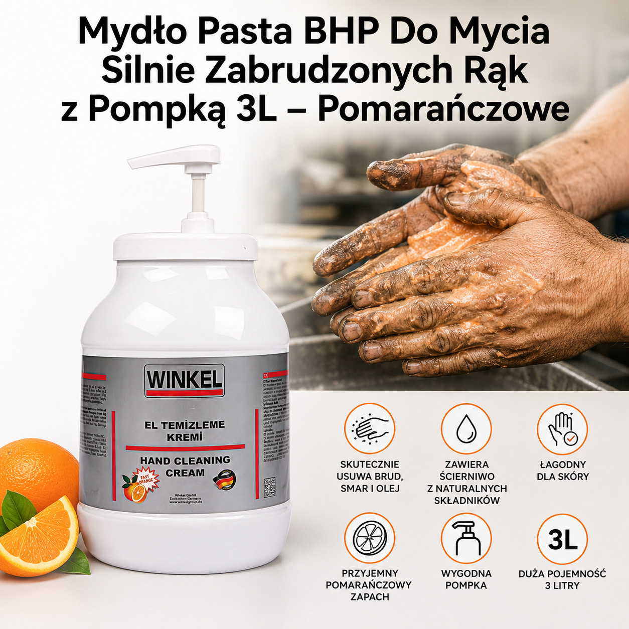 Mydło Pasta BHP Do Mycia Silnie Zabrudzonych Rąk z Pompką 3L – Pomarańczowe