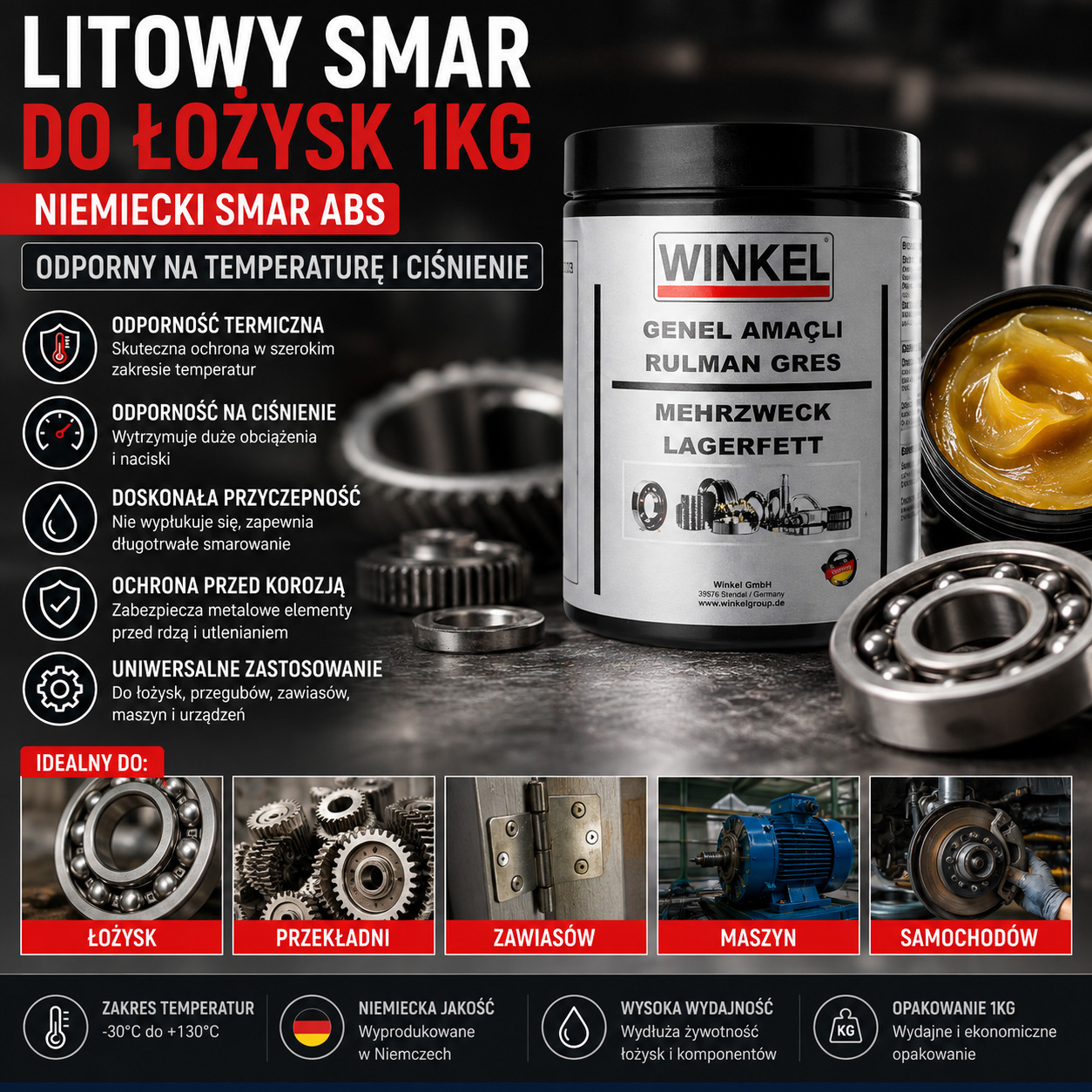 Litowy Smar Do Łożysk 1kg- Niemiecki Smar ABS Odporny Temperaturę Ciśnienie